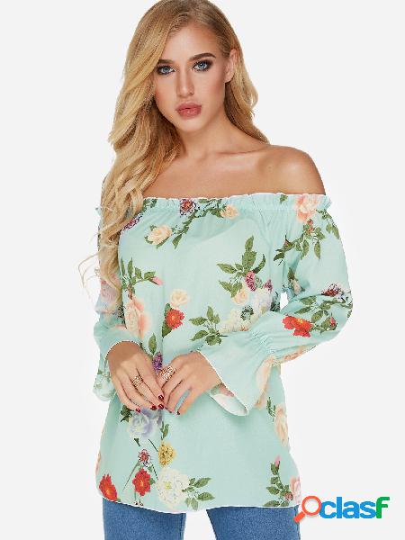 Random Floral Print Off Shoulder Long Sleeves Blouse