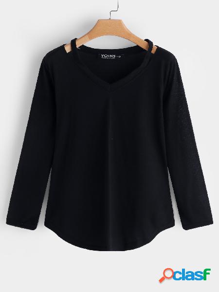 Black Cut Out Plain V-neck Long Sleeves Loose Waist Tee