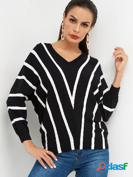 Black & White Stripe V-neck Dolman Sleeve Sweater