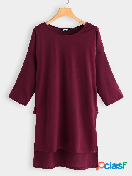 Burgundy Slit Design Round Neck Long Sleeves Long Length Top