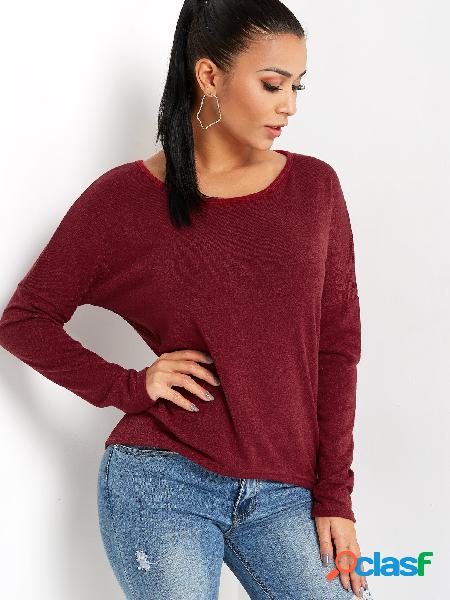 Burgundy Zip Back Design Round Neck Long Sleeves Curve Hem