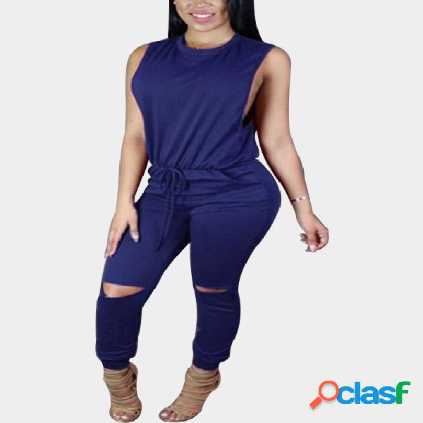 Casual Knit Sleeveless Jumpsuit in Blue