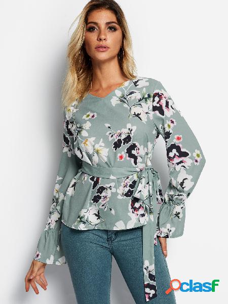 Green Self-tie Design Random Floral Print Crew Neck Long