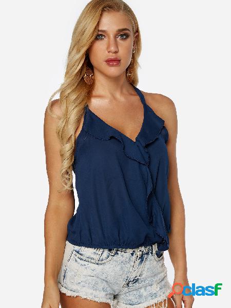 Navy Spaghetti Pleated Design Plain Halter Sleeveless Camis