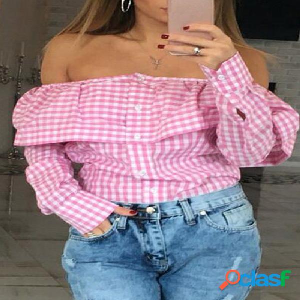 Pink Grid Pattern Off The Shoulder Long Sleeves Blouses