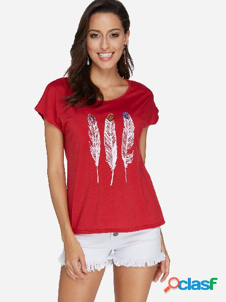 Red Feather Pattern Round Neck Short Sleeves T-shirt
