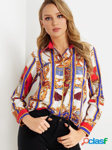 Scarf Print Lapel Collar Long Sleeves Shirt