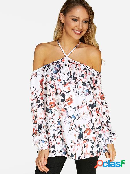 White Random Floral Print Cold Shoulder Long Sleeves Blouse
