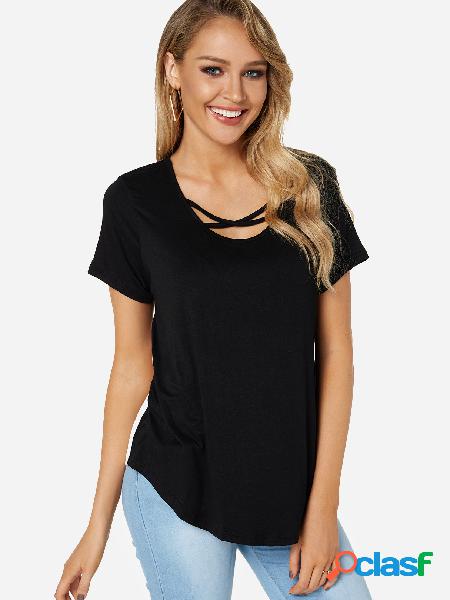 Black Crossed Front Design Floral Print Round Neck T-shirts