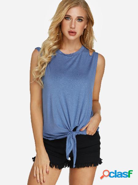 Blue Cut Out Plain Crew Neck Sleeveless Self-tie Design Tank