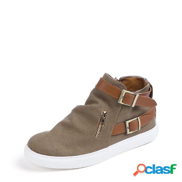 Brown Denim Zip Design Buckle Detail Flats