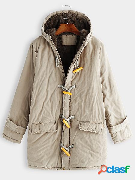 Khaki Horn Button Design Long Sleeves Hooded Coat