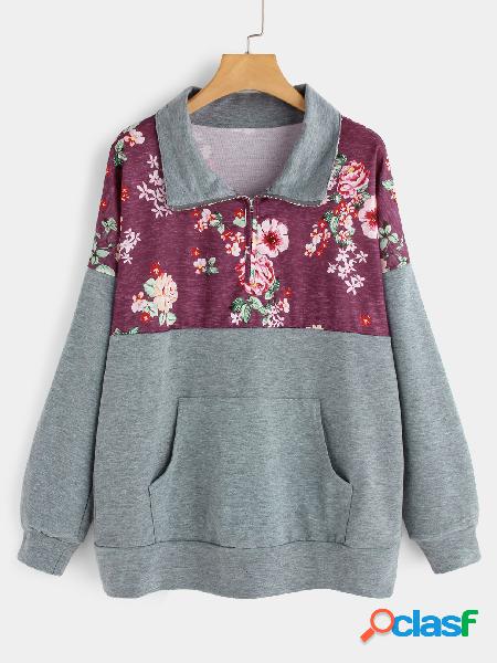 Red Random Floral Print Classic Collar Sweatshirts With