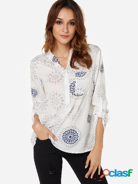 White Random Floral Print V-neck 3/4 Length Sleeves Blouse