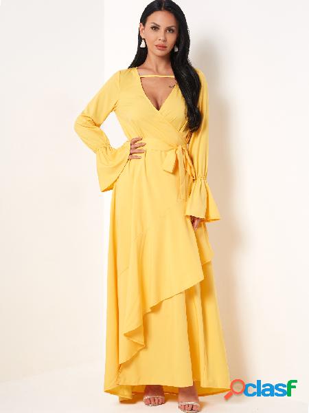 Yellow V-neck Tie Waist Long Wrap Dress
