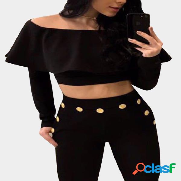 Black Off Shoulder Long Sleeves High Waist Button Details