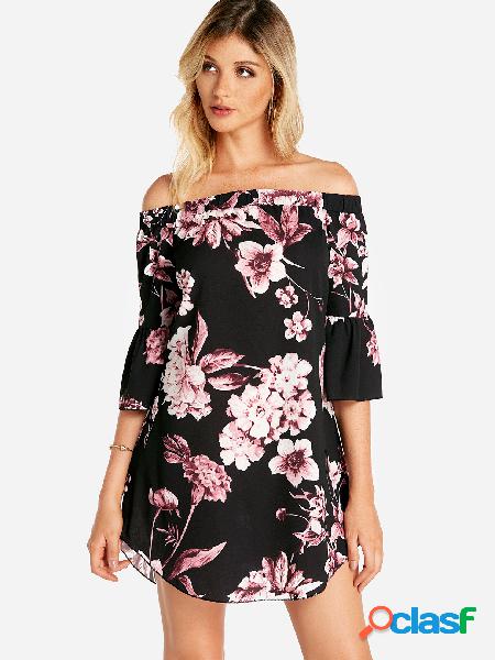 Black Random Floral Print Off The Shoulder Flared Sleeves