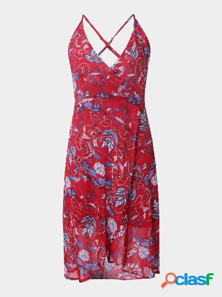 Red Random Floral Print Backless V-neck Sleevesless Wrap