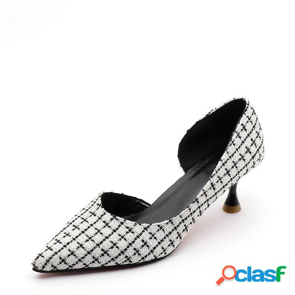 White Plaid Design Pointed Toe Wedding Heels