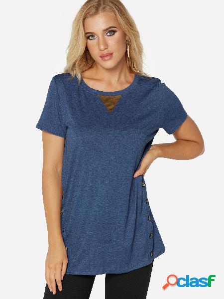 Blue Button Design Round Neck Short Sleeves Summer Tee