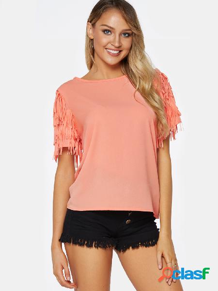 Orange Tassel Details Round Neck Short Sleeves Top