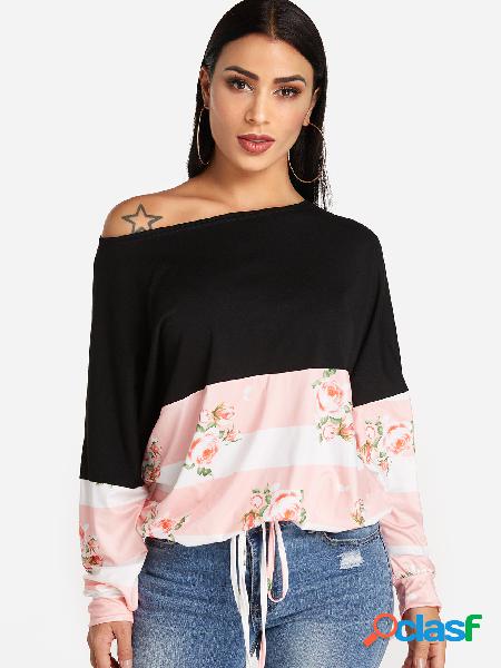 Pink Random Floral Print One Shoulder Long Sleeves Stitching