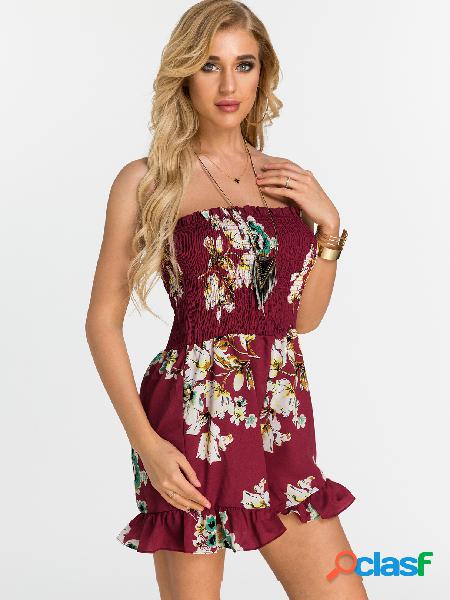 Red Random Floral Print Off Shoulder Tight Waist Playsuit