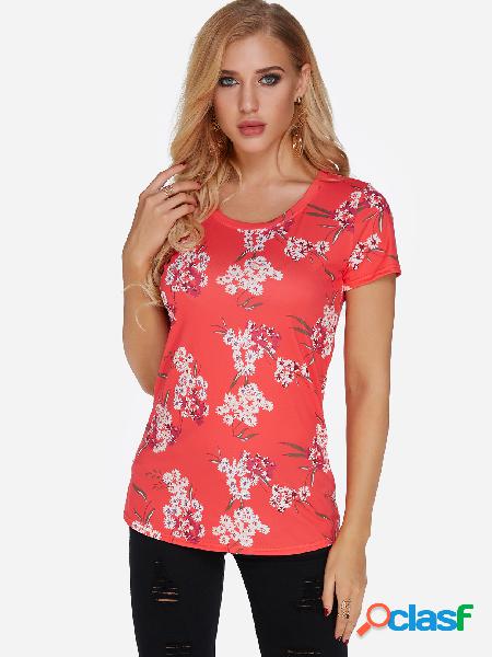 Red Random Floral Print Round Neck T-shirt
