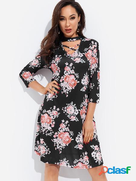 Black Crossed Front Design Random Floral Print Crew Neck