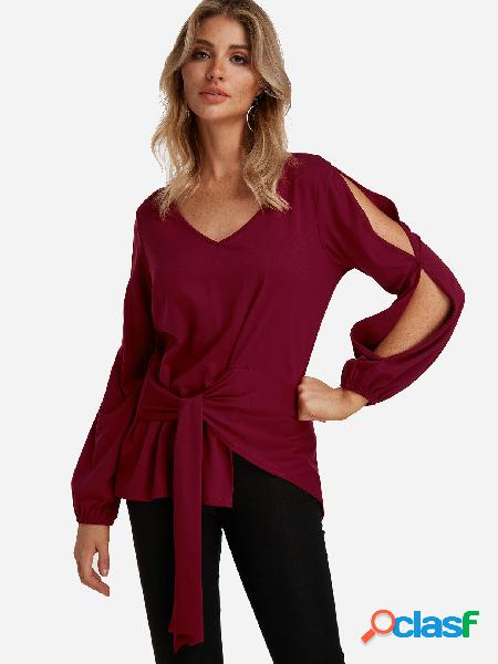 Burgundy Slit Design Plain V-neck Long Sleeves Top
