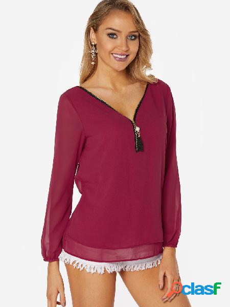 Burgundy Zip Design V-neck Cross Design Shirt