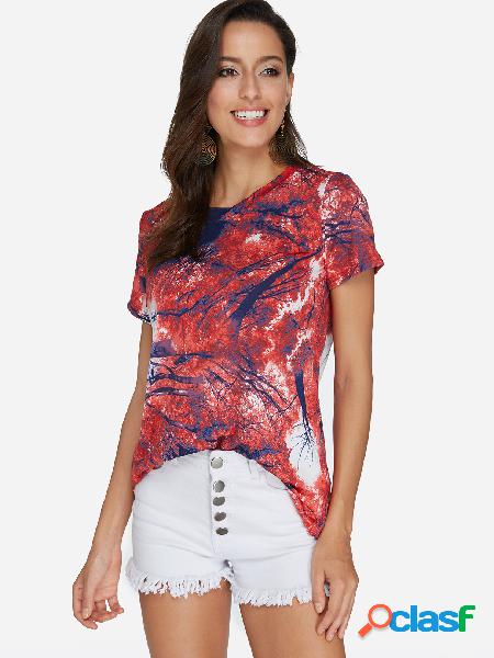 Red Random Floral Print Round Neck Short Sleeves T-shirt