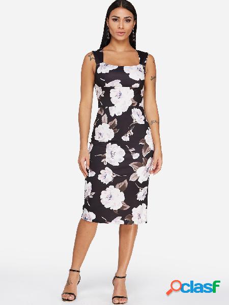 Black Backless Design Random Floral Print Square Neck