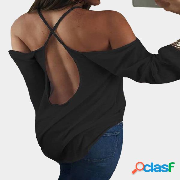 Black Cold Shoulder Crossed Back Design Scoop Neck T-shirt