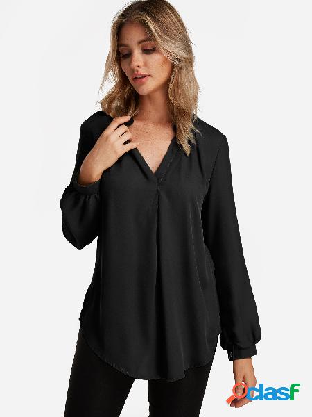 Black Plain V-neck Button Design Long Sleeves Curve Hem