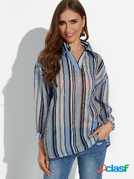 Blue Stripe V-neck Long Sleeves Curve Hem Loose Fit Shirt