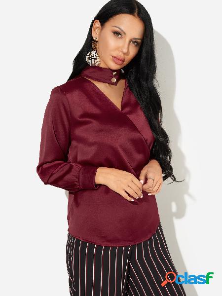 Burgundy Choker Neck Button Design Surplice Blouse