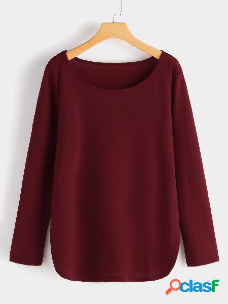 Burgundy Slit Design Plain One Shoulder Long Sleeves Tee