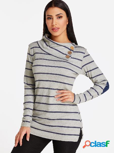 Grey Button Design Stripe Asymmetrical Long Sleeves