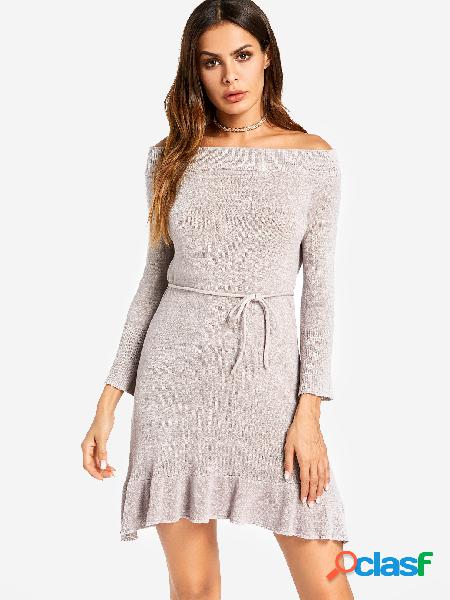 Grey Self-tie Design Plain Off The Shoulder Flounced Hem