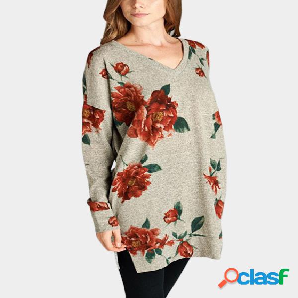 Khaki Random Floral Print V-neck Long Sleeves Slit Hem Tee