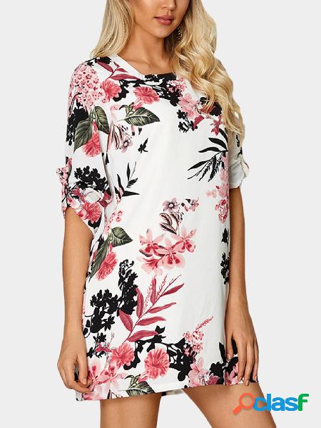 Random Floral Print Self-tie at Sleeves Mini Dress in White