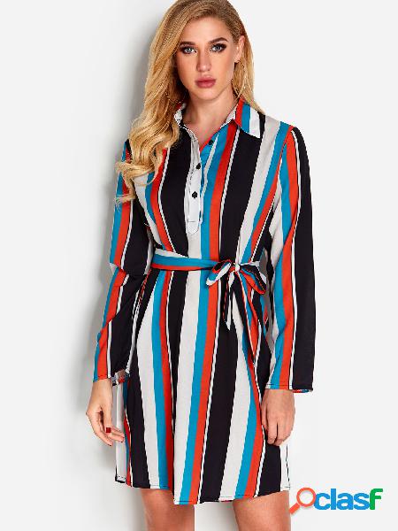 Stripe Button Design Lapel Collar Long Sleeves Loose Waist