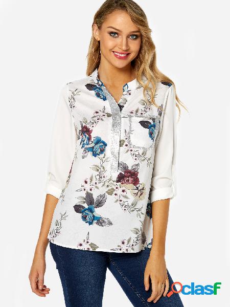 White Button Design Random Floral Print 3/4 Length Sleeves
