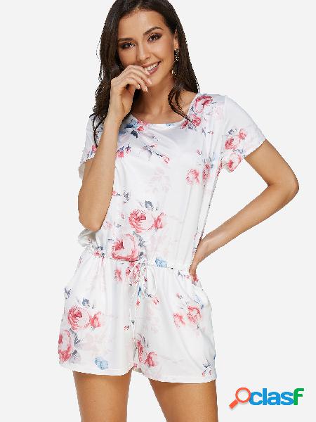 White Random Floral Print Round Neck Short Sleeveless