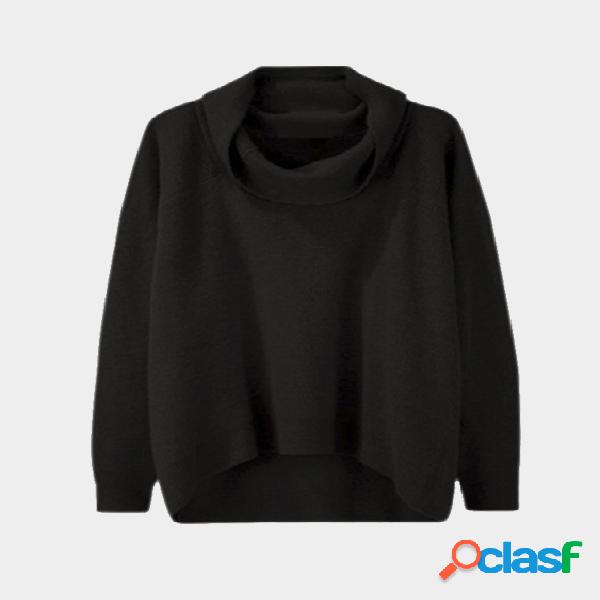 Black Casual Knitted High Neck Curved Hem Sweater