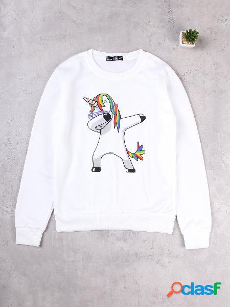 White Cartoon Pattern Round Neck Long Sleeves Sweatshirt