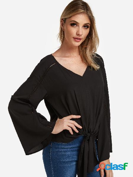 Black Hollow Design Plain V-neck Long Sleeves Tie-up Blouses