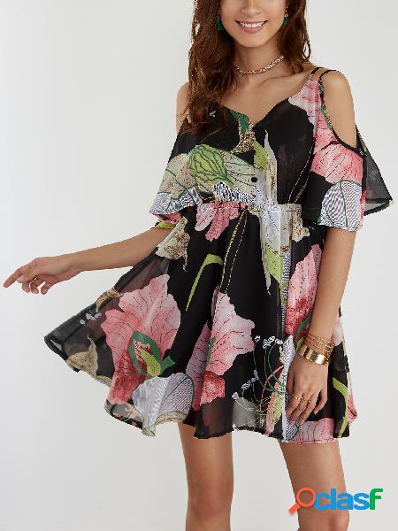 Random Floral Print Cold Shoulder Chiffon Dress