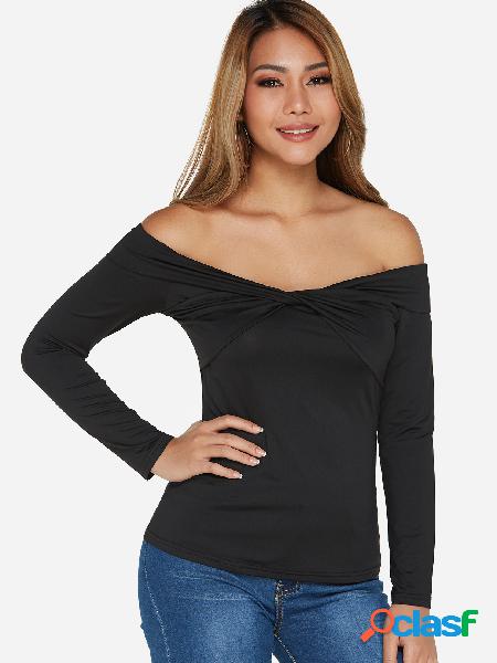 Black Crossed Front Design Plain Off The Shoulder Long